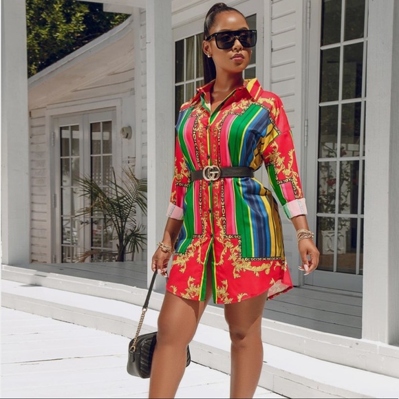 Long Sleeve Oversized Red Loose Tunic Shirt Dress - Picture 4 of 8